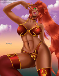 abs aramyx ardham big_breasts bikini blood_elf elf elf_ears elf_female green_eyes huge_breasts kissy_(warcraft) long_hair pointy_ears red_hair sindorei tattoo thighhighs tights warcraft wide_hips world_of_warcraft