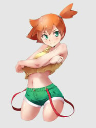 armpit_peek asymmetrical_hair bare_arms bare_shoulders blush crop_top cropped_legs female female_only high_resolution human kasumi_(pokemon) kobo_(cobo_0609) looking_at_viewer misty_(pokemon) navel nintendo orange_hair pokemon pokemon_rgby ponytail red_hair shirt shirt_lift short_ponytail shorts side_ponytail simple_background sleeveless smile solo stomach suspender_shorts suspenders tank_top tied_hair undressing very_high_resolution