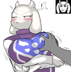 ! 2021 5_fingers ambiguous_gender anthro blush bodily_fluids boss_monster bovid breast_grab breasts caprine clothed clothing duo enigi09 faceless_ambiguous faceless_character female fingers fur goat groping hand_on_breast mammal monster nervous parody simple_background solo_focus toriel undertale video_games white_background white_body white_fur