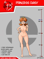 1girls ashentrickster big_ass big_breasts big_butt blue_eyes breasts brown_hair card character_name english_text feet female female_only full_body height_chart logo mario_(series) nintendo nipples one_eye_closed princess_daisy pussy red_hair simple_background smile solo standing stats super_smash_bros. text