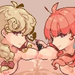 1boy 2d 2d_animation 2girls animated breasts celica_(fire_emblem) faye_(fire_emblem) ffm_threesome fire_emblem fire_emblem_echoes:_shadows_of_valentia handjob light-skinned_female light-skinned_male light_brown_hair light_skin looking_at_viewer momiahair multiple_girls nintendo nipples no_sound penis pixel_animation pixel_art pov red_hair red_ribbon ribbon tagme threesome video