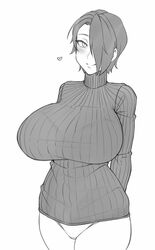 1girls bralines breasts cleavage female female_only heart huge_breasts looking_at_viewer monochrome panties ribbed_sweater saya_(twrlare) solo twrlare