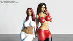 2girls 3d ajay_che apex_legends black_hair bra breasts brown_eyes clothed clothed_female dark-skinned_female dark_hair dark_skin exposed_midriff facial_mark facial_markings female female_only fingerless_arm_sleeves fingerless_gloves fit fit_female freckles freckles_on_face gm_studios hair_down head_hair human large_ass large_breasts latina lifeline_(apex_legends) loba loba_(apex_legends) loba_andrade long_gloves long_hair looking_at_viewer makeup midriff multiple_girls neck_tattoo nipple_bulge nipples_visible_through_clothing one_arm_up pinup pose posing red_clothing red_hair tattoo thick_thighs toned toned_female two_tone_hair white_clothing wide_hips