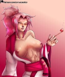 1girls baiken corvo_caotico female female_only guilty_gear guilty_gear_x kimono kimono_down kimono_lift kimono_open pink_hair showing_breasts smoking solo