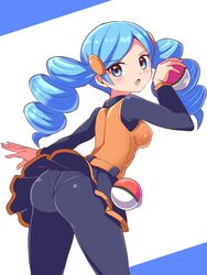 1girls ace_trainer_(pokemon) ace_trainer_(pokemon_bw) ass belt blue_eyes blue_hair breasts cougar1404 creatures_(company) drill_hair female_focus female_only from_behind game_freak holding holding_poke_ball human leaning leaning_forward leggings long_hair looking_at_viewer looking_back nintendo npc_trainer open_mouth panties panties_under_pantyhose panties_visible_through_clothing pantyhose pantylines poke_ball pokemon pokemon_bw shiny shiny_clothes shiny_hair short_skirt sideboob skirt skirt_up solo solo_female tights twin_drills underwear upskirt waist_poke_ball wedgie