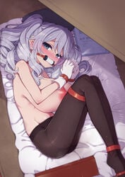 ass bangs beret bit_gag black_legwear blue_eyes blush bondage bound_ankles bound_wrists breasts drill_hair female gag gagged hanauna hat huge_breasts kantai_collection kashima_(kantai_collection) large_breasts looking_at_viewer lying nipples on_side pantyhose silver_hair solo topless twin_drills