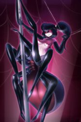 arachne arachnid arachnid_humanoid breasts breasts_out cesil_(zedrin) glasses legs naked nipples pole pole_dancing pussy spider spider_girl spider_has_puss_puss spider_web twintails web zedrin