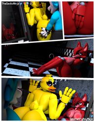 3_toes 3d_(artwork) 4_fingers avian bird canid canine chica_(fnaf) chicken comic comic_page digital_media_(artwork) feet female fingers five_nights_at_freddy's fox foxy_(fnaf) galliform gallus_(genus) geometryboymejia geometryboymejia_(character) group hi_res hook_hand male mammal masturbation name_tag phasianid thegeckoninja toes video_games