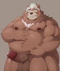 2021 anthro balls blush brown_background brown_body brown_fur fur genitals goro_(live-a-hero) hi_res humanoid_genitalia humanoid_hands humanoid_penis kemono live-a-hero male mammal musclegut overweight overweight_male penis pomupomu490 simple_background solo ursid video_games