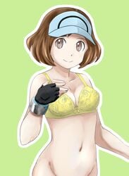 1girls a_(pixiv_17870427) ace_trainer_(pokemon) ace_trainer_(pokemon_sm) belly_button bottomless bra breasts brown_eyes brown_hair cleavage creatures_(company) female female_focus female_only fingerless_gloves game_freak gloves highres lingerie looking_at_viewer navel nintendo npc_trainer pokemon pokemon_(game) pokemon_sm short_hair single_glove smile stomach tummy underwear visor_cap yellow_bra