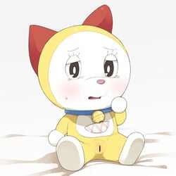 bag blue_collar blush blush censored collar doraemon dorami eyelashes feet female female_only jingle_bell pussy red_ribbon ribbon solo solo_female vagina white_feet white_hands yellow_body yellow_skin