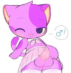 animal_crossing anthro balls bob_(animal_crossing) bottomwear chibi clothed clothing clothing_lift crossdressing domestic_cat erection felid feline felis fur gender_symbol genitals girly hi_res male mammal nintendo one_eye_closed penis purple_body purple_fur rakket skirt skirt_lift solo symbol video_games wink ♂