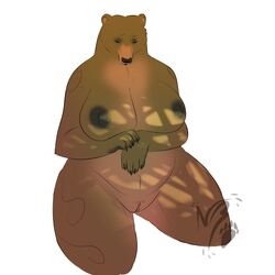 2020 absurd_res anthro big_breasts black_lips black_nose breasts brown_bear brown_body brown_fur brown_nipples brown_pussy claws closed_eyes curvy_figure female fur furry furry_only genitals grizzly_bear hands_under_breasts head_down hi_res lips mammal nipples nnightbear_b paws pussy simple_background slightly_chubby solo thick_thighs ursid ursine voluptuous watermark white_background wide_hips