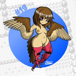 2021 anthro anthrofied areola avian breasts brown_body casual_nudity curvaceous curvy_figure european_mythology feathered_wings feathers female genitals greek_mythology harpy hi_res mythological_avian mythology nintendo pidgey pokémon_(species) pokemon pokemon_rgby pussy solo third video_games voluptuous wings