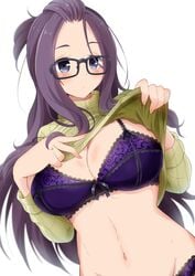 1girls bra eggman_(pixiv28975023) female glasses kagamihara_sakura lingerie nerd nerdy_female panties purple_underwear solo sweater underwear white_background yurucamp