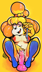 animal_crossing anthro ass blue_clothing blue_footwear blue_panties blue_socks blue_underwear breasts canid canine canis censored clothing cute_expression dildo domestic_dog doolyboobieboy exposed_breasts female footwear glistening glistening_body hiding_pussy highlights_(coloring) holding_clothing holding_object holding_panties holding_underwear isabelle_(animal_crossing) knee_highs legwear lube lube_drip mammal nintendo nipples onlyfans painting_(artwork) panties pink_dildo presenting rubbing sex_toy sitting smile socks solo thick_thighs traditional_media_(artwork) underwear video_games yellow