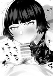 1boy :>= absurdres bangs bar_censor bleach blush censored detached_sleeves fellatio female glaring greyscale hetero highres male_pubic_hair monochrome oral penis penis_grab pov pubic_hair reinoenu_(anon) scowl small_penis smegma soifon solo_focus straight stray_pubic_hair