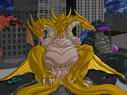 absurd_res after_sex anthro bodily_fluids breast_lick breasts conjoined cum cum_in_pussy cum_inside cum_on_penis drooling duo ejaculation female genderswap genital_fluids genitals godzilla godzilla_(series) group hi_res kaiju king_ghidorah licking lokidragon87 male multi_genitalia multi_head multi_pussy penis pussy rodan saliva toho tongue tongue_out