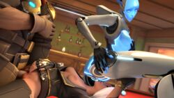 1boy 2girls 3d ashe_(overwatch) blizzard_entertainment breasts cole_cassidy cunnilingus echo echo_(overwatch) female fjvnb overwatch overwatch_2 robot_girl sex unseen_male_face vaginal_penetration