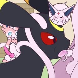 1:1 2021 3_toes ? ambiguous_gender animal_genitalia animal_penis animated background_character black_body black_fur blue_eyes blush bodily_fluids bow_tie canine_penis closed_eyes cum cum_in_mouth cum_inside dialogue eeveelution english_text espeon feet fellatio forehead_gem forehead_mark forked_tail fur genital_fluids genitals huge_cock km-15 knot leg_markings low_res male male/ambiguous markings nintendo open_mouth oral oral_penetration penetration penile penis pink_body pink_fur pink_markings pokémon_(species) pokemon pokemon_(species) purple_body purple_fur red_eyes ribbons sex short_playtime socks_(marking) sylveon text toes trio umbreon vein veiny_penis video_games white_body white_fur yellow_body yellow_fur yellow_markings