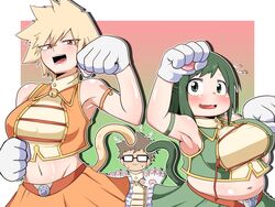 1boy 2girls belly big_breasts blonde_hair canon_couple cat_bell cat_paws cat_pose cat_tail chubby chubby_female cosplay costume crossover female female_focus fire_breath01 glasses green_eyes green_hair husband_and_wife inko_midoriya large_breasts male male/female married_couple masaru_bakugou mature_female mature_male milf mitsuki_bakugou mother my_hero_academia posing red_eyes straight