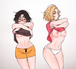 2girls black_hair blonde_hair blush clothing danganronpa danganronpa_another emotionless fanganronpa glasses hips kuudere looking_at_viewer looking_away multiple_girls pale-skinned_female pale_skin panties rule_63 sannoji_mikado sdra2 shirt_lift short_hair shorts smooth_skin super_danganronpa_another_2 sweat sweatdrop taking_clothes_off thighs twins white_background