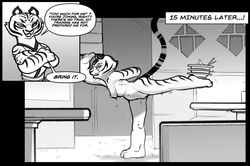 anthro balance barely_visible_genitalia barely_visible_pussy bodily_fluids breasts comic dreamworks english_text female fur genitals humanoid kung_fu_panda master_tigress monochrome nude pussy small_breasts solo submarine_screw sweat text