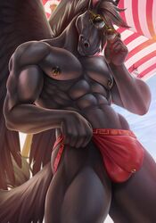 1boy 2021 abs absurd_res anthro banni_art beach_umbrella black_body bodily_fluids bulge clothing detailed_bulge dripping equid equine eyewear feathered_wings feathers genital_fluids genital_outline glistening glistening_body green_eyes hi_res horse jockstrap male male_only mammal muscular muscular_anthro muscular_male navel nipple_piercing nipples nude pegasus penis_outline piercing precum precum_drip precum_through_clothing red_underwear solo standing sunglasses umbrella underwear wet wet_clothing wings