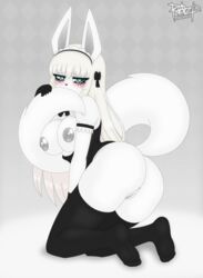 anthro anus blue_eyes blush canid canine canis clothing feet female fur genitals hair hi_res jackal legwear lhara_aaruna long_hair maid_uniform mammal nipples pussy razplus solo stockings uniform white_body white_fur