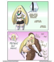 1boy 1girls 2girls aether_foundation alternate_costume big_penis blonde_hair carrying carrying_partner comic dark-skinned_male dark_skin dildo double_penetration english_text female high_heels instant_loss instant_loss_2koma interracial large_breasts light-skinned_female light_skin lillie_(pokemon) lusamine_(pokemon) male mother_and_daughter nintendo pokemon pokemon_sm queen_of_spades satosatori sex shoes spade stand_and_carry_position standing_sex straight tattoo text thighhighs vaginal_penetration yellow_hair