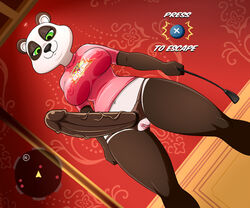 2021 anthro black_body black_fur breasts clothing dildo female fur genitals giant_panda green_eyes half-closed_eyes lonbluewolf mammal multicolored_body multicolored_fur narrowed_eyes pussy riding_crop sad_panda saints_row sex_toy solo strapon text text_on_clothing thq_nordic ursid whip white_body white_fur