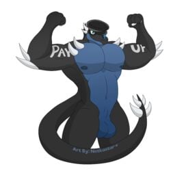 anthro balls claws clothing eyewear flexing flexing_bicep genitals glasses hat headgear headwear horn male muscular notkastar pecs scales slit solo text