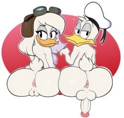 2021 absurd_res anatid anseriform anthro anus areola avian balls big_balls bird blackmore blush breasts della_duck disney donald_duck duck ducktales ducktales_(2017) duo feathers female genitals hi_res looking_at_viewer looking_back male nipples penis pussy red_background siblings sister_and_brother white_background white_body white_feathers