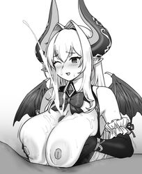 1boy 1girls blush breasts cattleya_(houtengeki) censored cum cum_explosion cum_on_breasts demon_girl demon_horns demon_wings ejaculation female gloves greyscale hetero highres horns houtengeki huge_breasts long_hair monochrome mosaic_censoring nipples one_eye_closed open_mouth paizuri penis smile straight wings