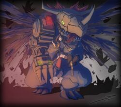 areolae artist_name black_hair blackmetalgreymon breasts character_request digimon digiphilia female highres large_penis metalgreymon monster nipples no_panties original penis rape scared skirt small_breasts source_request torn_clothes vaginal_penetration wings