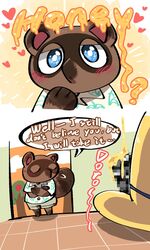 aloha_shirt animal_crossing anthro blue_eyes blush canid canine clothing comic crazy_redd duo english_text erection fox genitals hi_res humor male male/male male_only mammal nintendo pattern_clothing pattern_shirt pattern_topwear penis raccoon_dog shandrawaka shirt tanuki text tom_nook topwear video_games