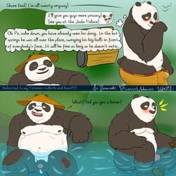 2boys anthro ari_guardian balls black_body black_fur blush bottomwear bulge closed_eyes clothing comic dreamworks duo embarrassed english_text erection father father_and_child father_and_son flaccid foreskin fur genitals giant_panda glans green_eyes hi_res incest kung_fu_panda kung_fu_panda_3 li_shan_(kung_fu_panda) male male/male mammal master_po_ping master_shifu moobs nipples overweight overweight_male parent parent_and_child partially_retracted_foreskin penis shorts sitting son text uncut unwanted_erection ursid water white_body white_fur yaoi