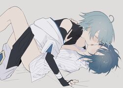 2boys ahoge anal arched_back bare_shoulders bed_sheet blue_hair blush chongyun_(genshin_impact) closed_eyes clothed_sex cum cum_in_ass cum_inside femboy gay genshin_impact girly grey_background hood hood_down kissing light_blue_hair lying male_only multiple_boys on_back open_mouth sex sheet_grab simple_background teeth tongue tongue_out upper_teeth xingqiu_(genshin_impact) yaoi yoko_(nz_g)