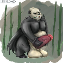 anthro balls belly big_balls big_penis black_body black_fur digital_media_(artwork) erection fur genitals hi_res holding_penis humanoid_genitalia lupelongo male male_only mammal masturbation nintendo nipples nude on_ground open_mouth pangoro penis pokémon_(species) pokemon simple_background slightly_chubby smile solo ursid video_games