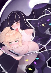 2girls ambiguous_penetration ass bangs bare_arms black_hair blonde_hair blunt_bangs blush braid eyebrows_visible_through_hair eyelashes fusion green_eyes highres incest legs_together licking_hair lillie_(pokemon) long_hair lusamine_(pokemon) mother_and_daughter mother_beast_lusamine multicolored_hair multiple_girls nihilego norza pokémon_(species) pokemon pokemon_(game) pokemon_sm pokephilia rolling_eyes shiny shiny_skin signature strap_slip streaked_hair tongue tongue_out ultra_beast yellow_eyes yuri