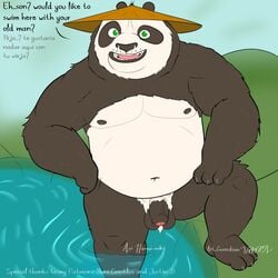 1boy anthro ari_guardian balls belly black_body black_fur black_nose clothing comic dreamworks english_text flaccid foreskin fur genitals giant_panda glans green_eyes hat headgear headwear hi_res humanoid_genitalia humanoid_penis kung_fu_panda kung_fu_panda_3 li_shan_(kung_fu_panda) male male_only mammal moobs nipples overweight overweight_male partially_retracted_foreskin penis spanish_text text uncut ursid water white_body white_fur