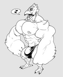 2017 3_toes anthro avian balls beak big_balls big_bulge big_pecs big_penis breath_of_the_wild bulge clothed clothing feet genitals grey_background hand_on_hip huge_balls huge_bulge huge_cock huge_muscle huge_pecs hyper hyper_balls hyper_bulge hyper_genitalia hyper_penis looking_at_viewer male monochrome muscular musical_note nintendo nipples pecs penis rito simple_background solo stagor55 standing the_legend_of_zelda toes underwear underwear_only video_games