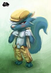 animal_crossing animal_genitalia anthro balls blush clothed clothing flat_cap genitals hat headgear headwear hi_res kicks_(animal_crossing) looking_at_viewer male mammal mephitid nintendo penis sheath simple_background skunk solo stilioweirdo undressing video_games