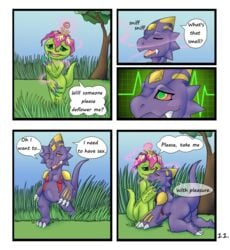 absurd_res balls blush bulge comic digimon digimon_(species) erection female genitals hi_res interspecies male male/female monodramon p.v.su palmon pheromones vee_stitch