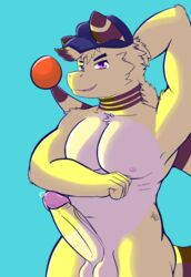 absurd_res alleros_(howlingampharos) ampharos anthro balls bodily_fluids cum fur genital_fluids genitals hi_res howlingampharos male muscular muscular_male nintendo pecs penis pokémon_(species) pokemon pokemon_(species) purple_eyes simple_background solo video_games yellow_body yellow_fur