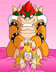 1boy 1girls 2020 ambiguous_penetration anthro anthro_penetrating anthro_penetrating_human ass bed bed_sheet blonde_hair blue_eyes bold-n-brash bowser claws colored_nails crown doggy_style duo ear_piercing ear_ring female female_penetrated from_behind full_body furniture hair hand_on_butt heart human human_on_anthro human_penetrated interspecies koopa lipstick long_hair looking_at_another looking_pleasured makeup male male/female male_penetrating male_penetrating_female mammal mario_(series) nails nintendo nude penetration penile penile_penetration piercing pink_background princess_peach red_eyes red_hair scalie secretly_loves_it sex sheet_grab shell signature smile spikes straight teeth video_games