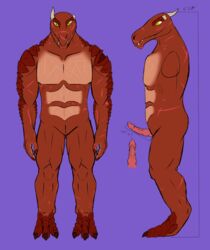 animal_genitalia animal_humanoid dragon dragon_humanoid dragonborn dungeons_and_dragons genital_slit genitals hasbro hi_res humanoid illogicaljumble male muscular penis red_body scales scar simple_background slit solo wizards_of_the_coast