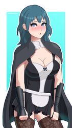 1girls ass_visible_through_thighs black_panties blue_eyes blue_hair blush breasts byleth_(fire_emblem) byleth_(fire_emblem)_(female) cape cleavage embarrassed female fire_emblem fire_emblem:_three_houses large_breasts lingerie looking_at_viewer maid medium_hair mwxxxart nintendo open_mouth panties pantyshot pantyshot_(standing) solo teal_hair thighhighs