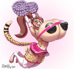 anthro areola big_breasts blush bottomwear breasts brown_hair cheerleader cheerleader_costume cheerleader_outfit cheerleading_uniform cheetah closed_eyes clothing eyeshadow eyewear felid feline female furry genitals glasses hair hi_res huge_breasts hyper hyper_breasts legwear lips lipstick makeup mammal miniskirt nipples open_mouth open_smile pink_lips pink_lipstick plankboy pom_poms ponytail purple_eyeshadow pussy sergio_(plankboy) skirt smile solo sonia_(plankboy) stockings