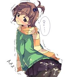 1girls brown_hair clothed clothed_female clothes clothing cum cum_on_clothes female female_only flush fully_clothed futami_mami green_shirt half-closed_eyes hamayumiba_sou human idolmaster idolmaster_(classic) idolmaster_1 miniskirt pale_skin pantyhose scarf shirt skirt solo